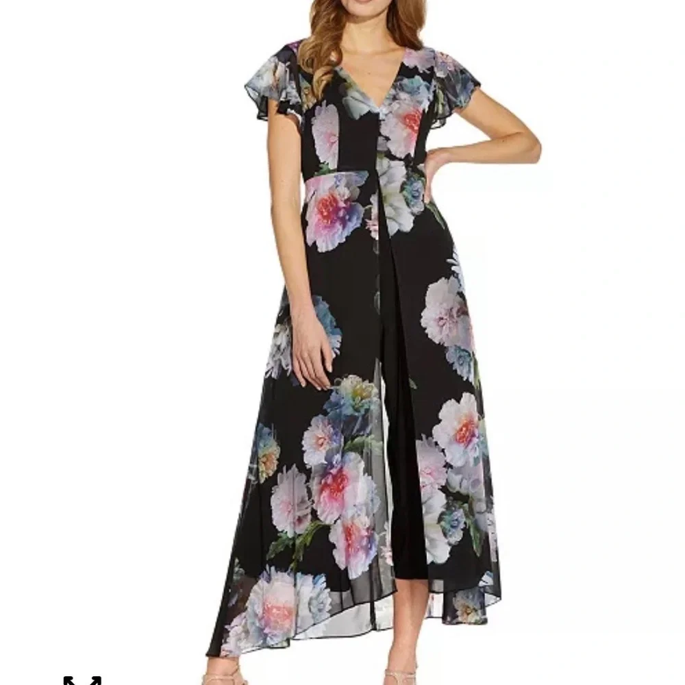 Adriana Papell Floral Black Jumpsuit with sheer attached skirt 18W